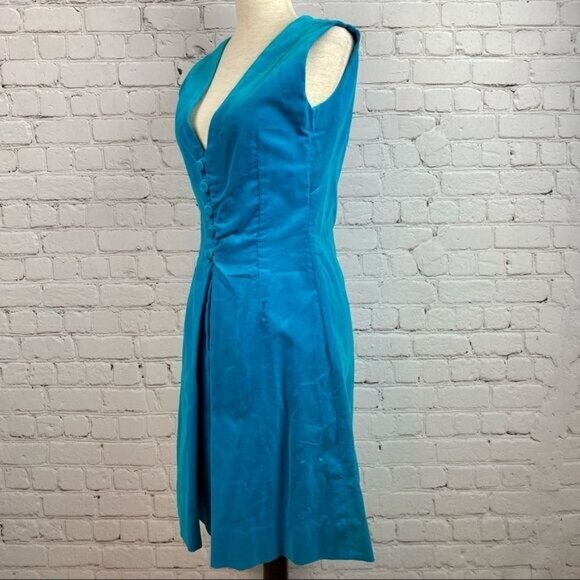 Vintage 60s Turquoise Velvet Button Front Sleeveless Dress - Picture 3 of 8